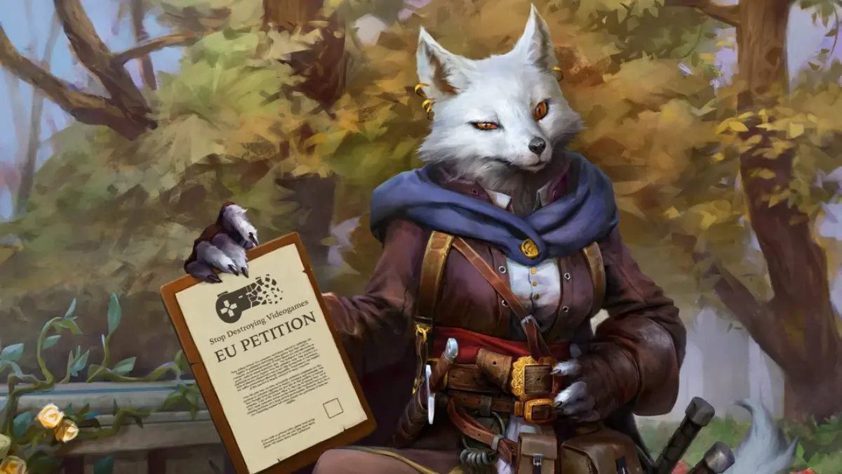 Anthropomorphic fox holds petition in forest setting.