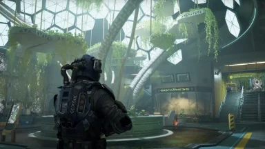Futuristic botanical garden with space explorer