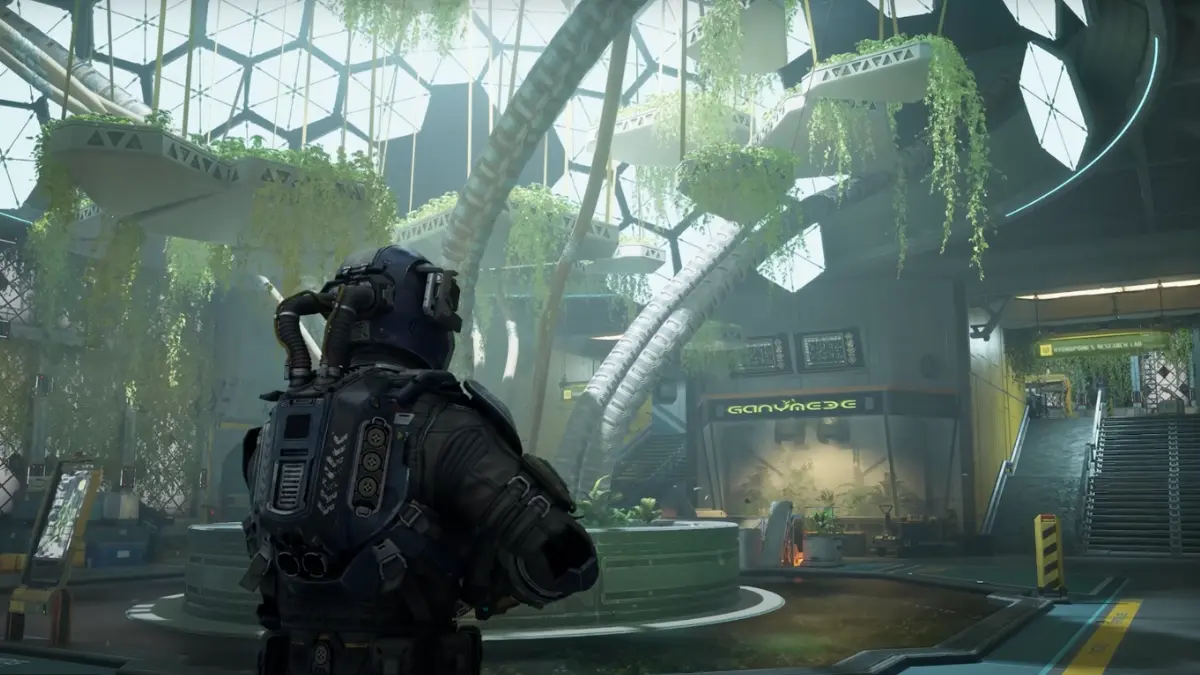 Futuristic botanical garden with space explorer