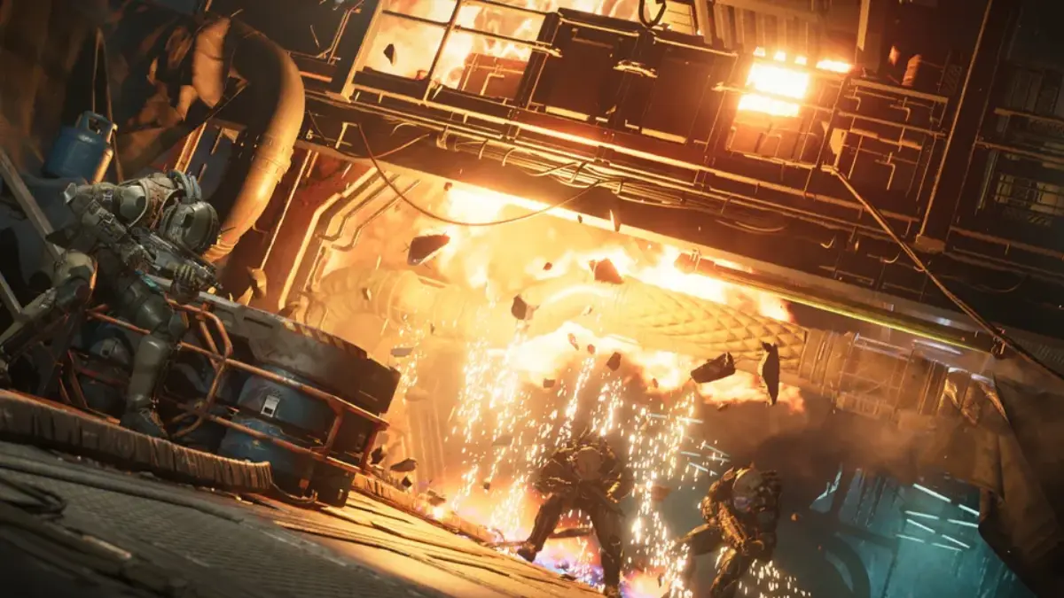 Armored soldiers amid fiery explosion in industrial facility