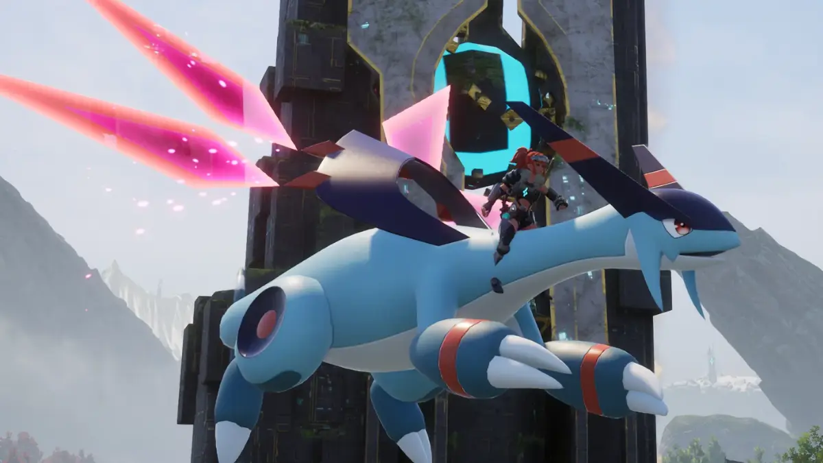 Character rides futuristic flying creature in game scene.