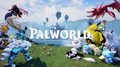 Palworld creatures in a fantastical landscape