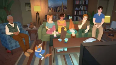Family watching television together in cozy living room