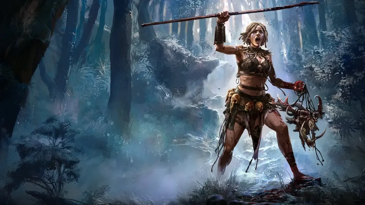 Fantasy warrior raises spear in misty forest