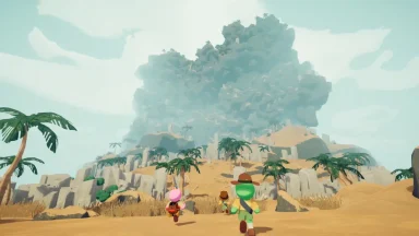 Cartoon adventurers exploring desert mountain landscape.