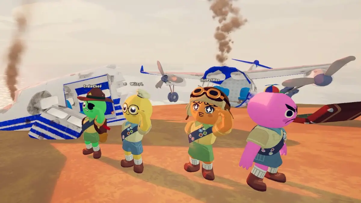 Cartoon scouts before crashed airplane in desert