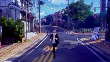 Anime boy running down quiet Japanese street