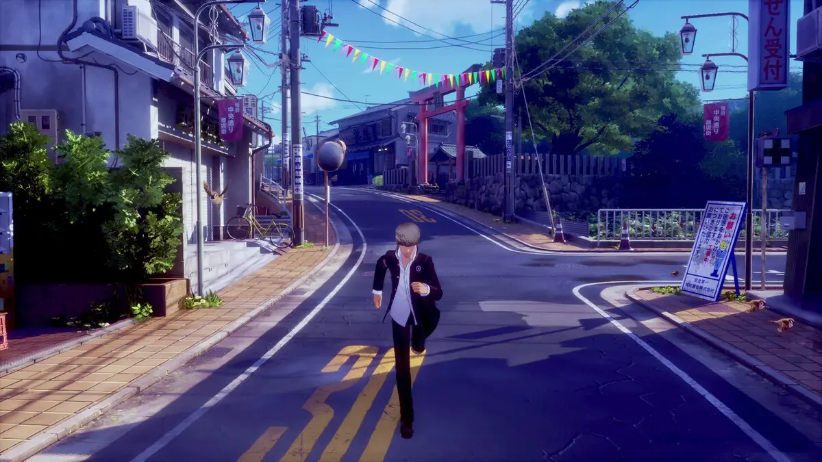 Anime boy running down quiet Japanese street
