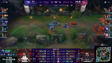 T1 Faker clears minions against Hanwha Life Esports.
