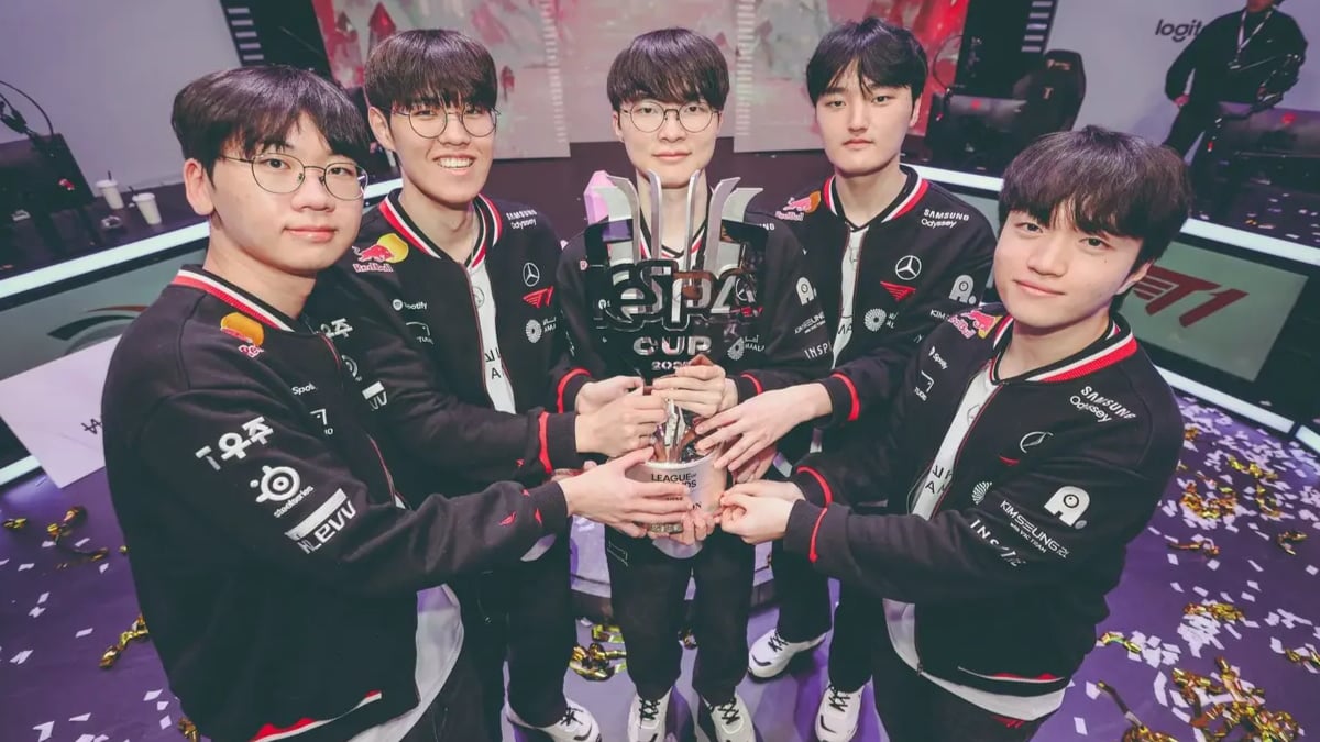 Esports team celebrating with championship trophy