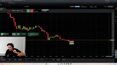 Trading platform shows declining candlestick chart and webcam streamer