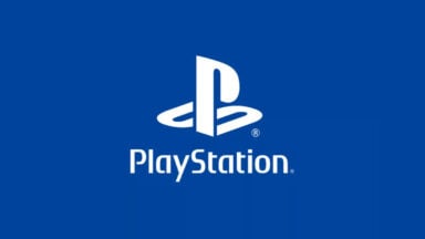 White PlayStation logo on a solid blue background