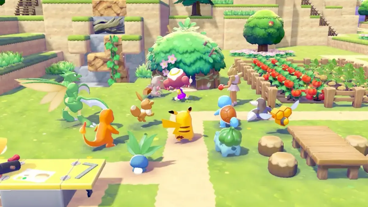 Pokémon characters gathered in sunny village garden