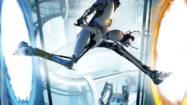 Two robots leap through glowing portals in a futuristic lab