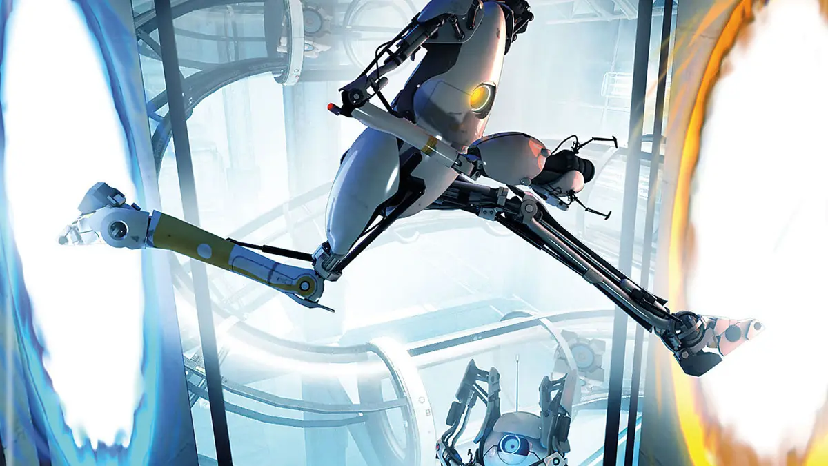 Two robots leap through glowing portals in a futuristic lab