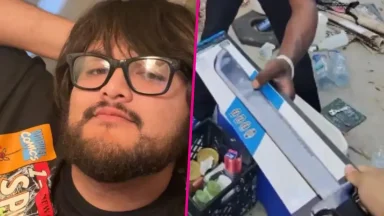 Man posing and person unpacking electronic device