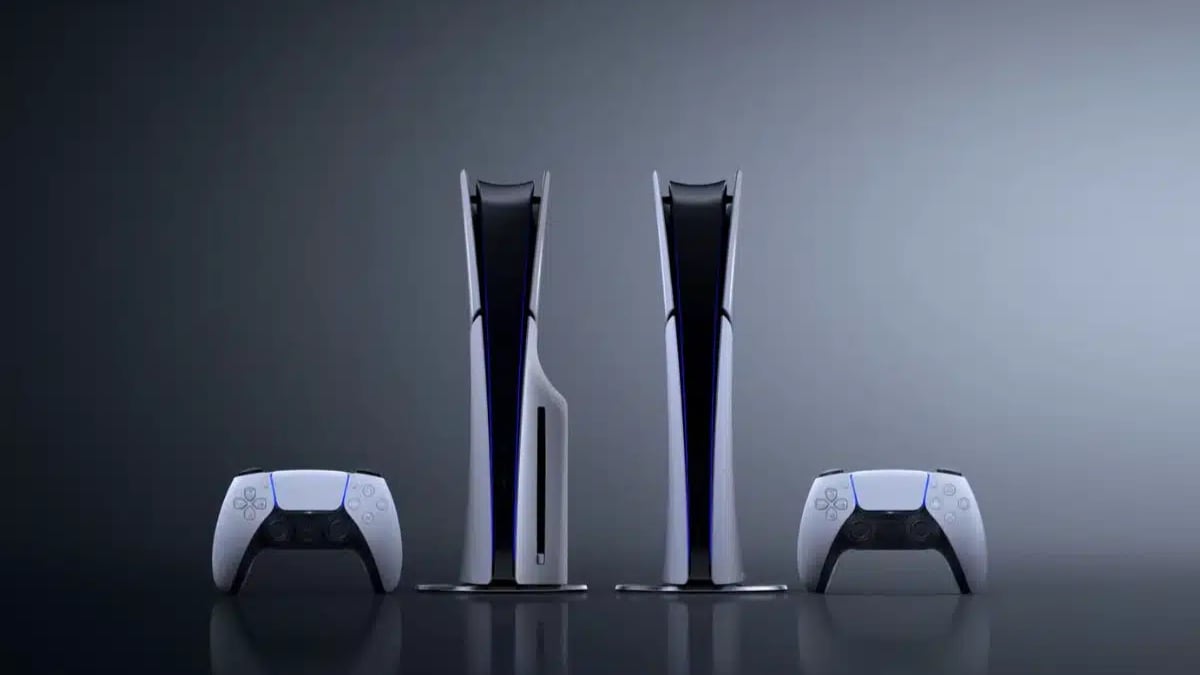Two PlayStation 5 consoles with DualSense controllers