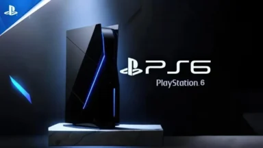 Futuristic PlayStation 6 console with blue lighting