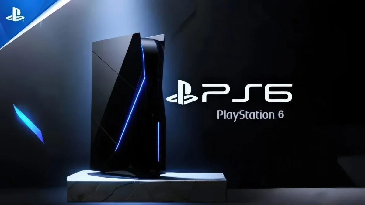 Futuristic PlayStation 6 console with blue lighting