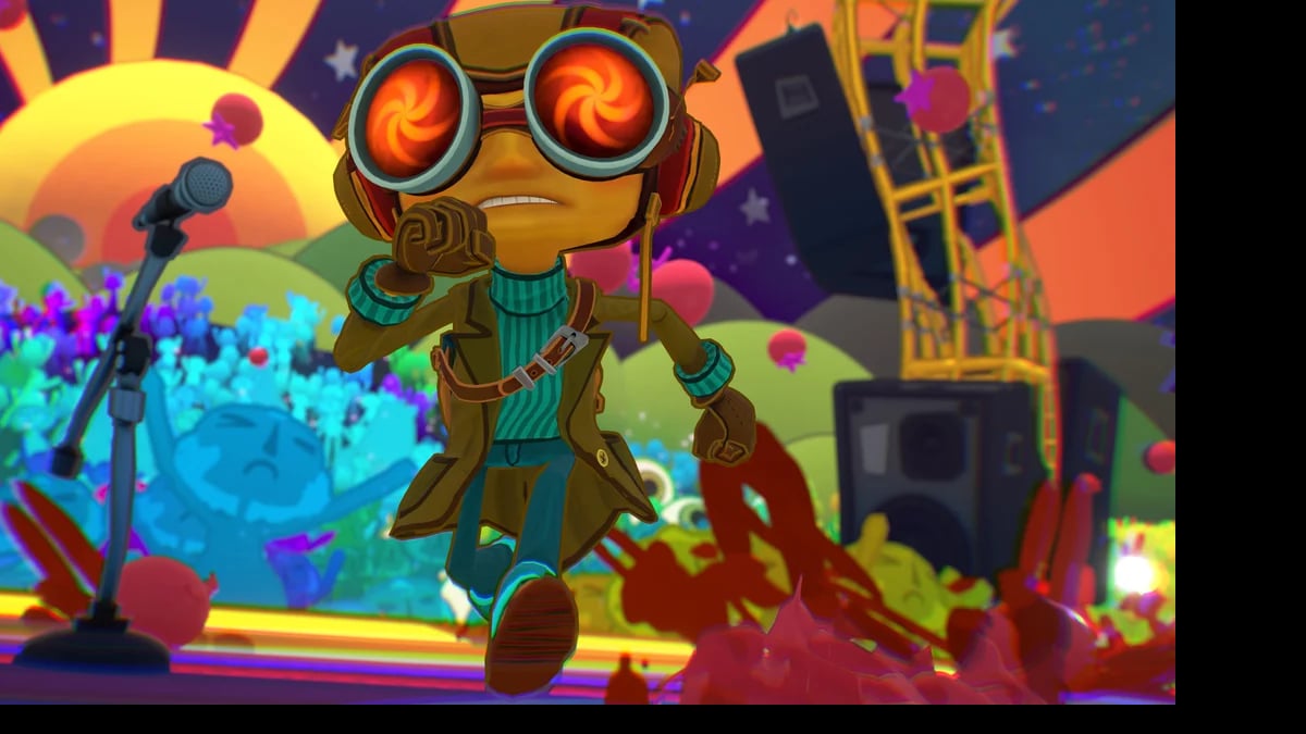 Animated character with spiral goggles on colorful stage