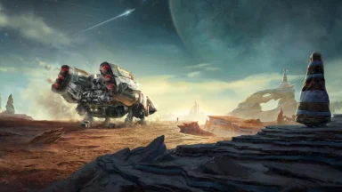 Spaceship on alien desert planet, large moon visible.