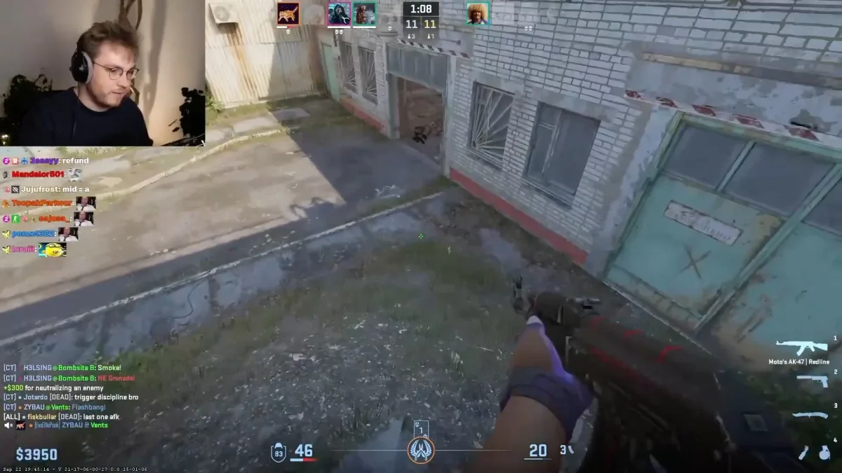 Streamer plays Counter-Strike first-person match with AK-47.
