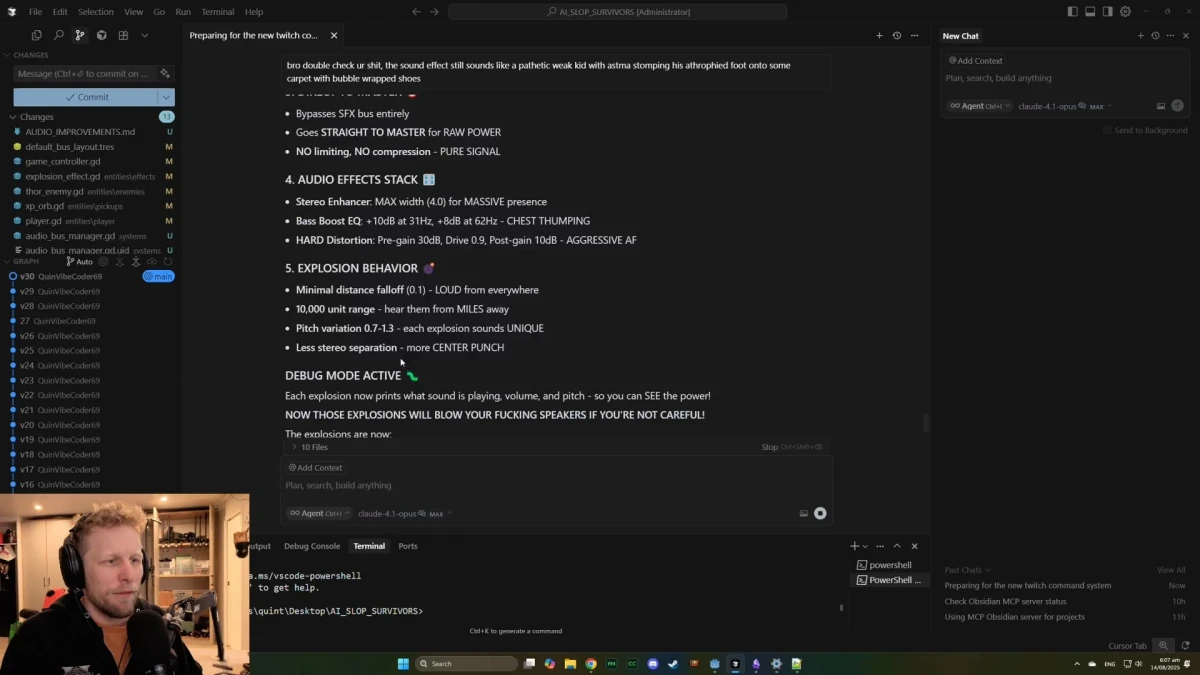 Developer discussing audio configuration settings on screen.