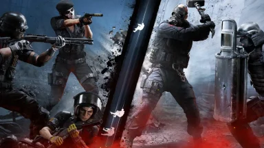 Tactical team battle scene in Rainbow Six Siege.