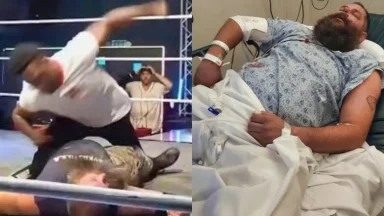 Wrestling match injury, man hospitalized in bed.