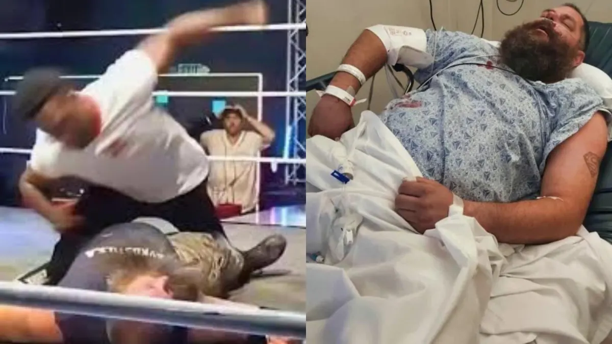 Wrestling match injury, man hospitalized in bed.
