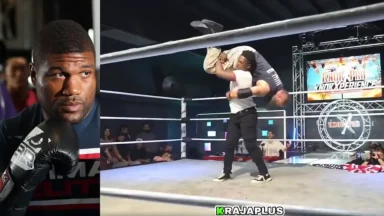 Boxer and wrestler in ring during event.