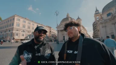 Two men talking in a European city square