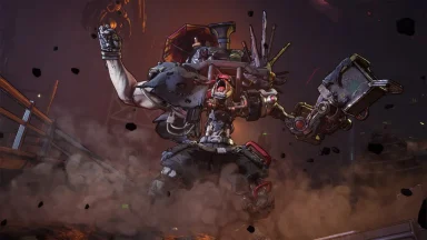 Robot warrior in dynamic action pose with weapons.
