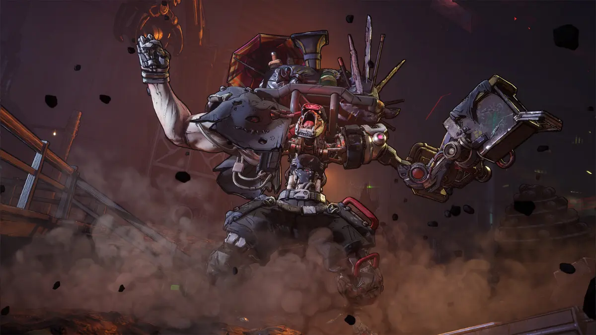 Robot warrior in dynamic action pose with weapons.