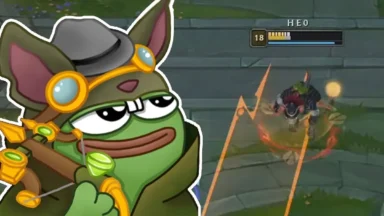Cartoon frog with slingshot beside game battle scene