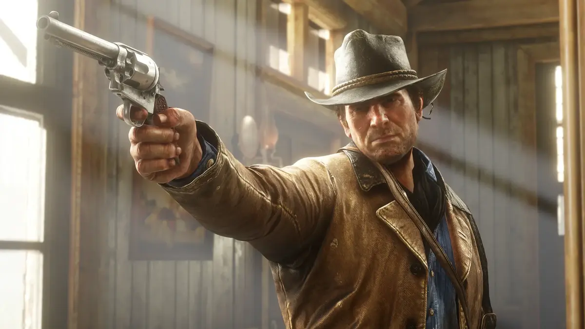 Cowboy aiming revolver inside wooden saloon