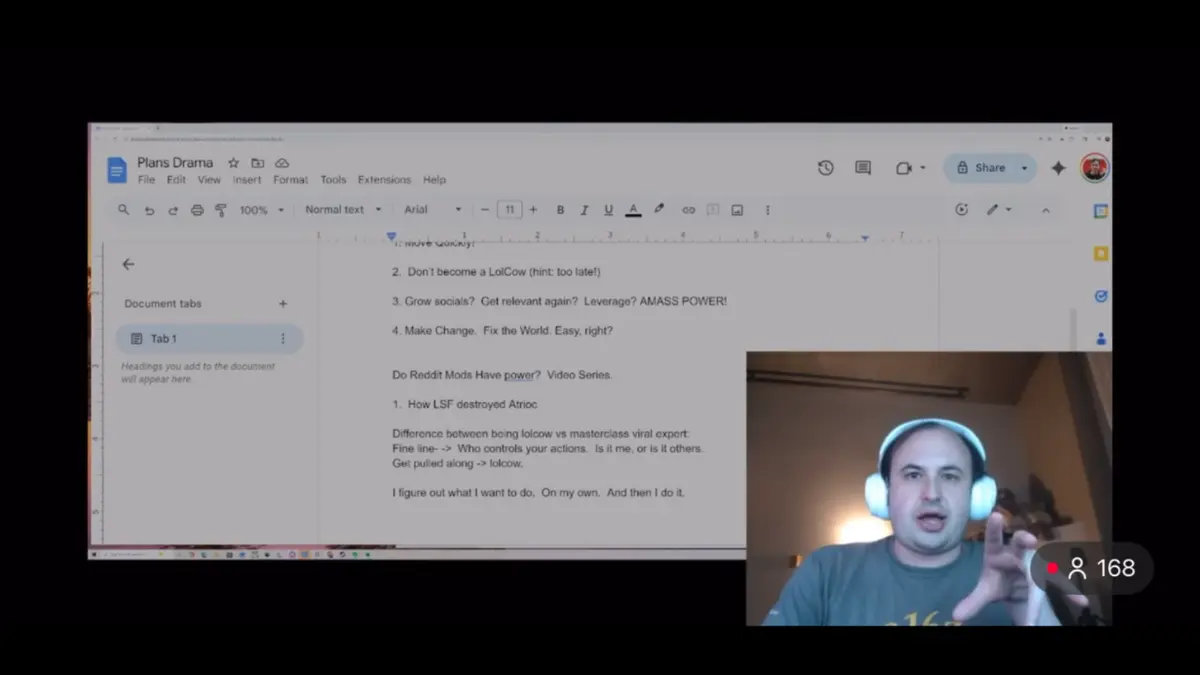 Man streaming while showing document on computer screen