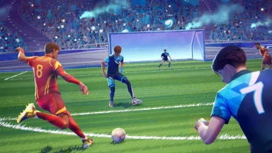 Animated soccer players on the field during a game.