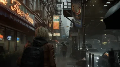 Person walking rainy city street with neon signs