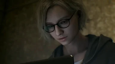 Character with glasses looking at screen in game