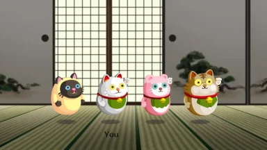 Four maneki-neko cats in a Japanese room.