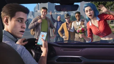 Driver with map app faces group outside windshield