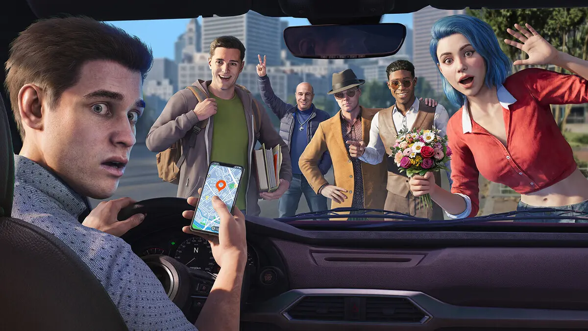 Driver with map app faces group outside windshield