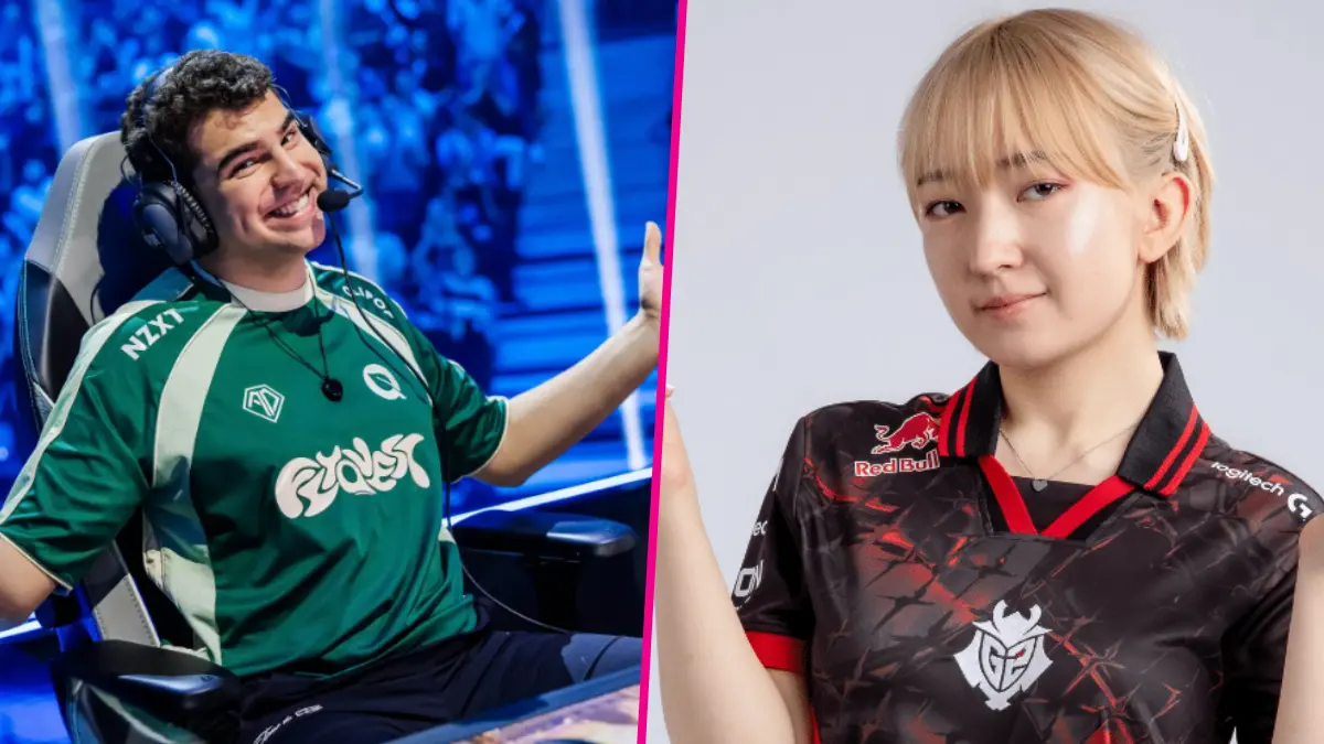 Two esports players in team jerseys