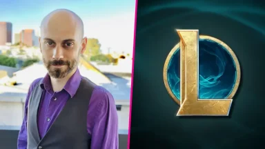 Man beside League of Legends game logo
