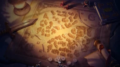 Fantasy battle map with sword and game pieces