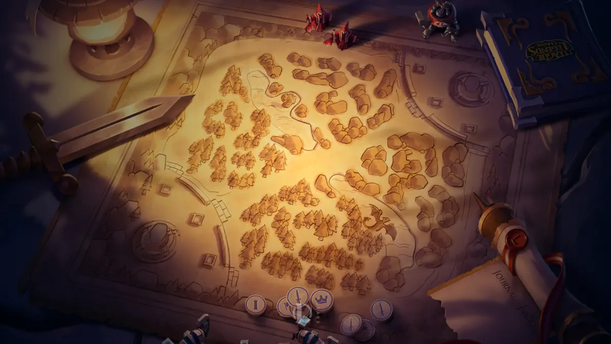 Fantasy battle map with sword and game pieces