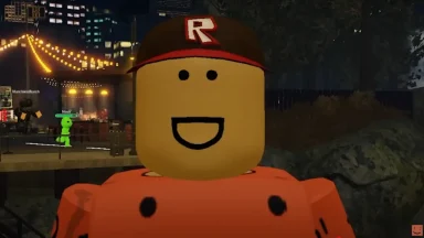 Smiling Roblox character outdoors at night