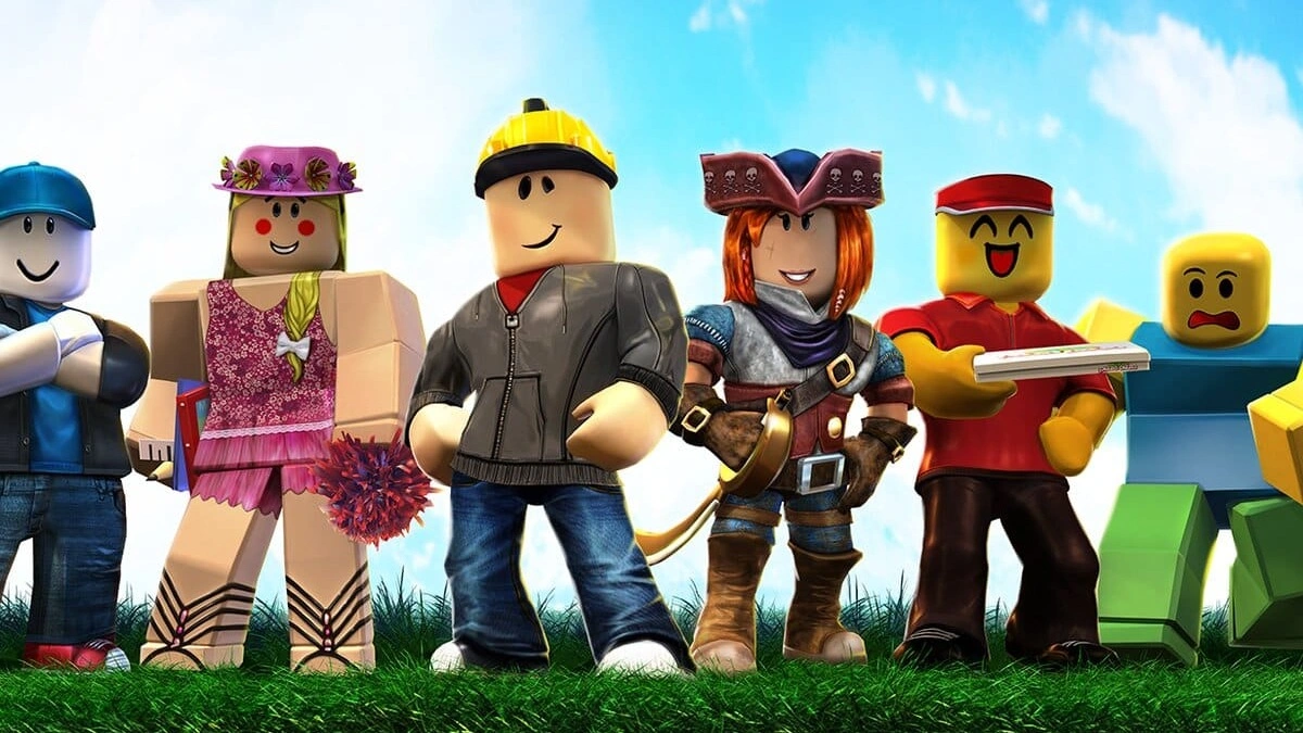 Group of Roblox-style characters standing on grass