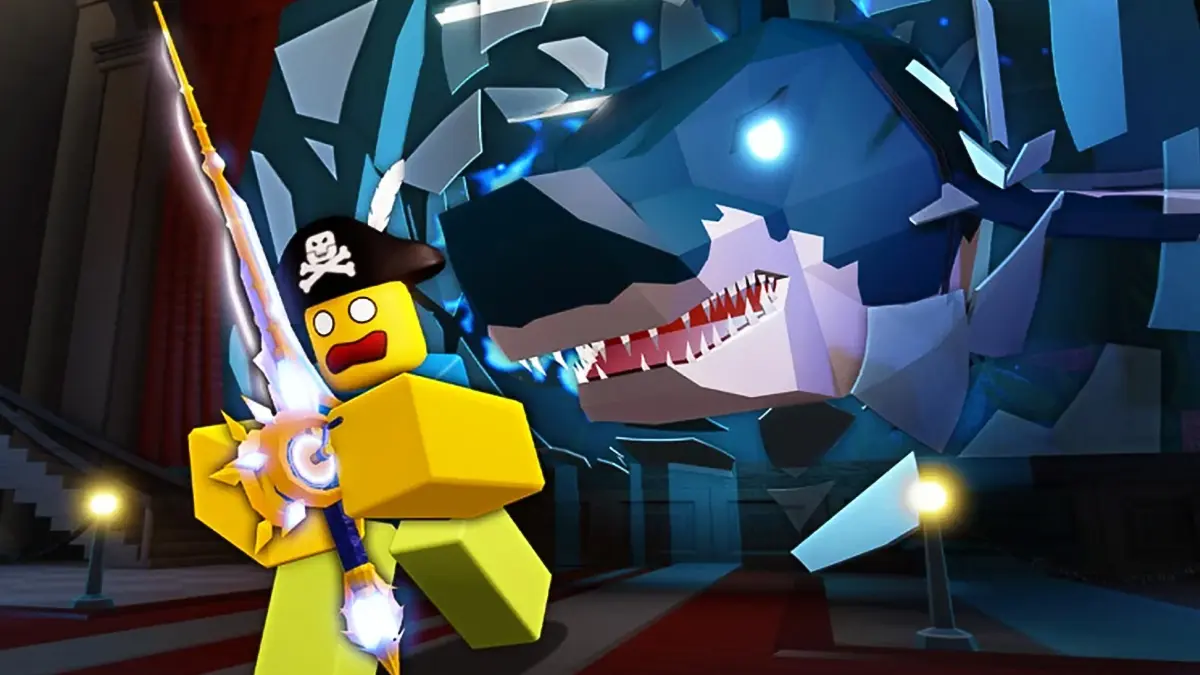roblox fisch continental drift promo Pirate LEGO character fights giant shark indoors.